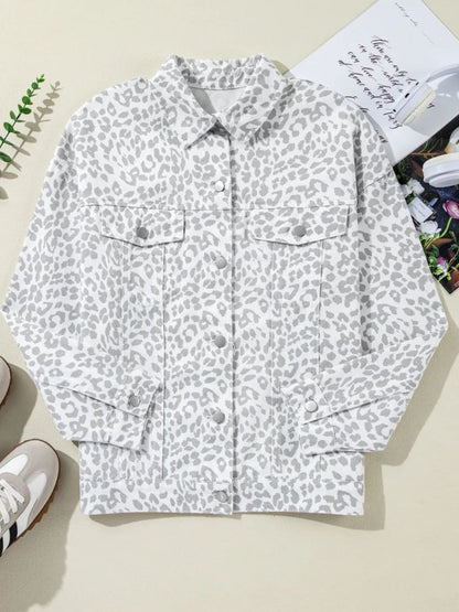 Leopard Button Up Long Sleeve Denim Jacket