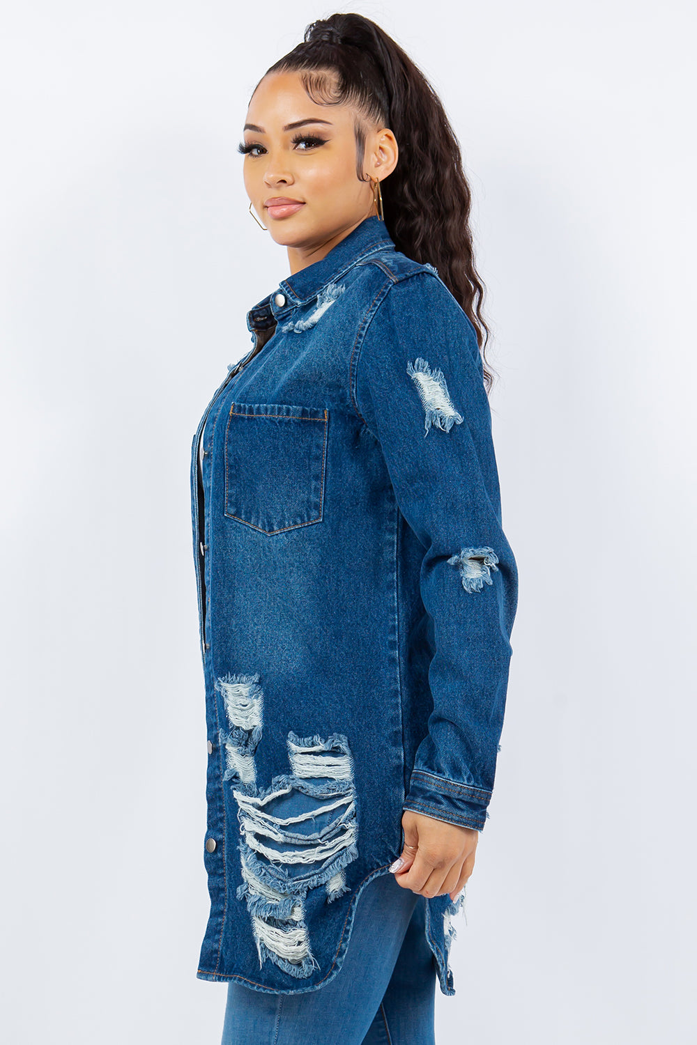 American Bazi Distressed Button Up Long Sleeve Denim Jacket